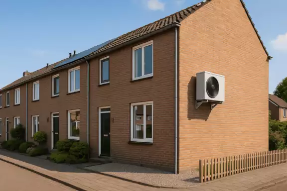 Afbeelding van een warmtepomp aan de buitenmuur