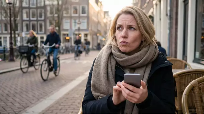 Vrouw kijkt bedenkelijk naar telefoon