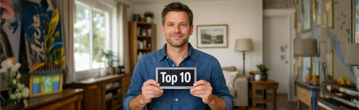 Afbeelding van man met top 10 bordje in zijn handen