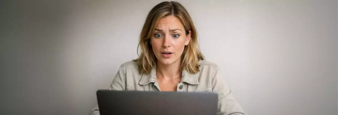 Vrouw kijkt geschrokken naar laptopscherm vanwege hoge prijs
