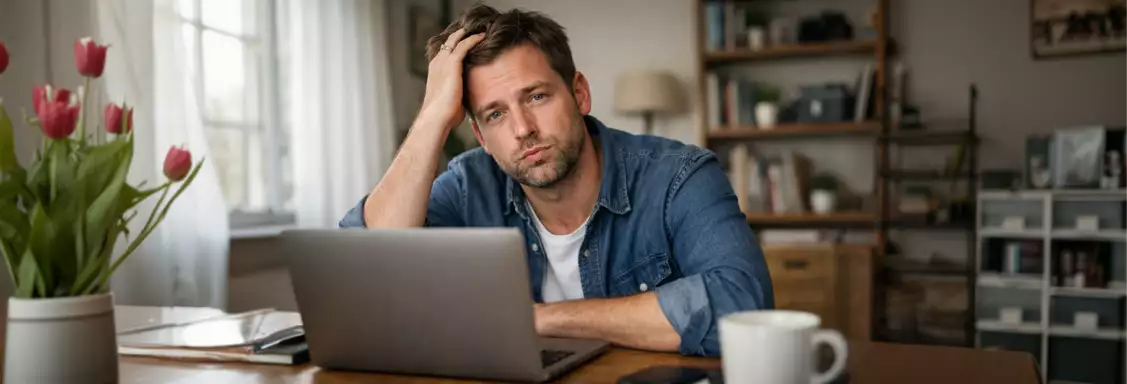 Man zit vertwijfeld achter zijn laptop