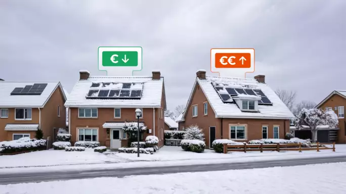 Afbeelding van woningen met zonnepanelen in de sneeuw