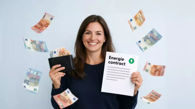 Lachende vrouw houdt een portemonnee met eurobiljetten en een energiecontract vast terwijl eurobiljetten om haar heen vallen.