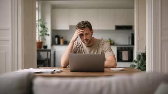 Afvragende man zit op een computer