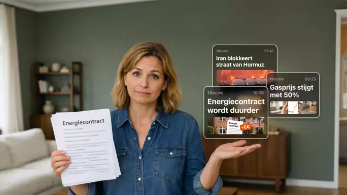 Afbeelding van vrouw met twijfelende blik met energiecontract in haar hand