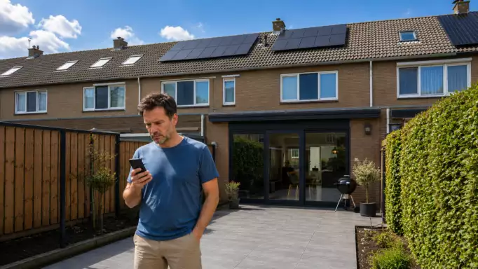 Dynamisch energiecontract met zonnepanelen Afbeelding van man die op smartphone naar zonnepanelen opbrengst kijk en in de tuin van zijn huis met zonnepanelen staat