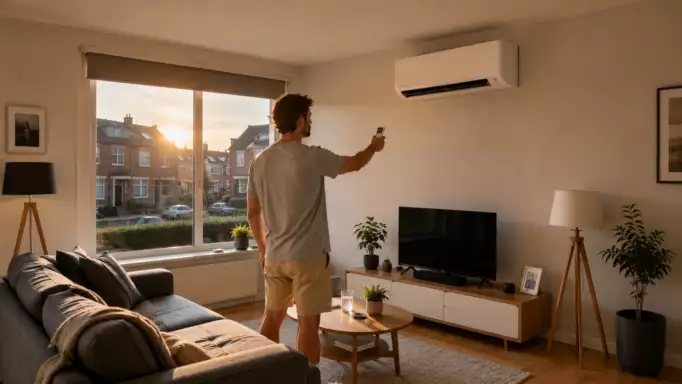 afbeelding van man die airco aanzet op hete dag