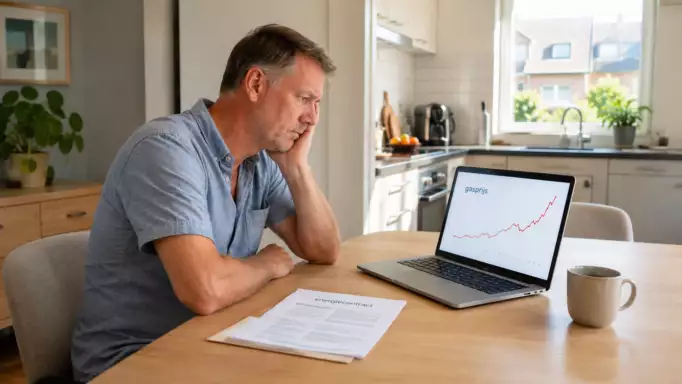 Man kijkt bezorgd naar stijgende gasprijs op z'n laptopscherm