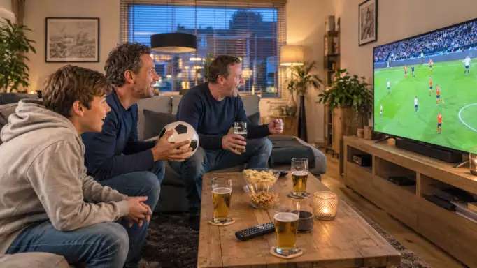 3 mannen kijken samen Eredivisie