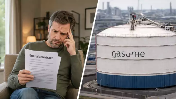 Afbeelding van bezorgde man met energiecontract om lage gasvoorraad