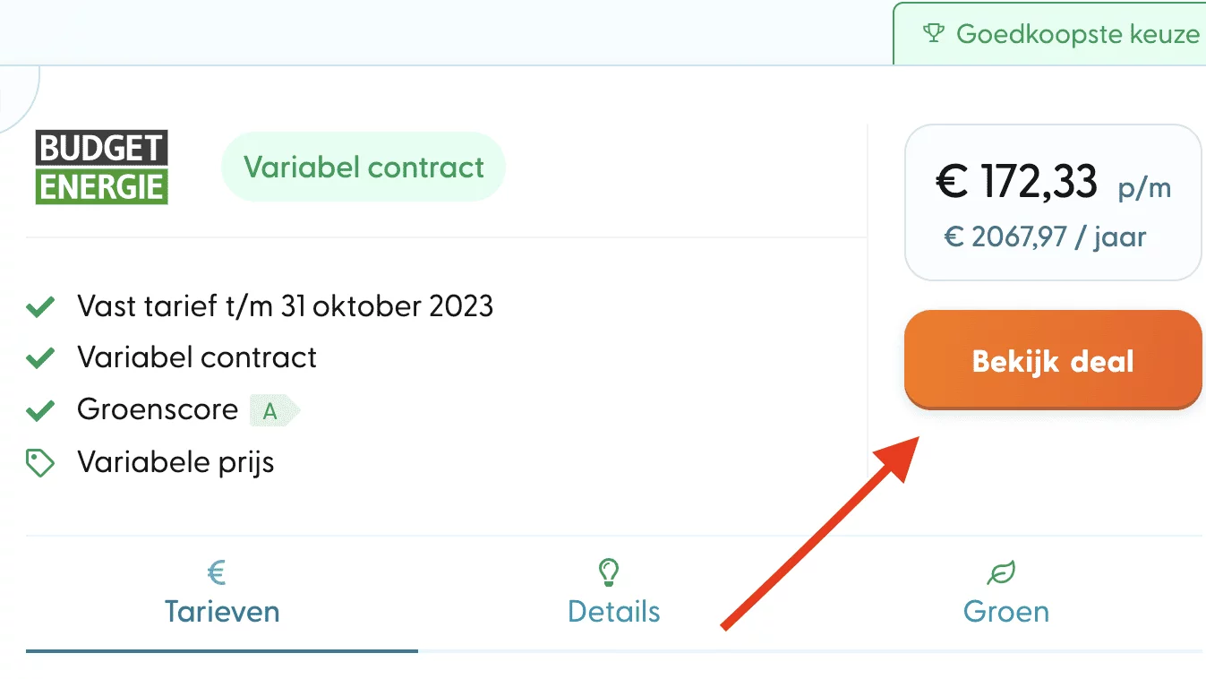 Screenshot energy comparison tool Keuze.nl