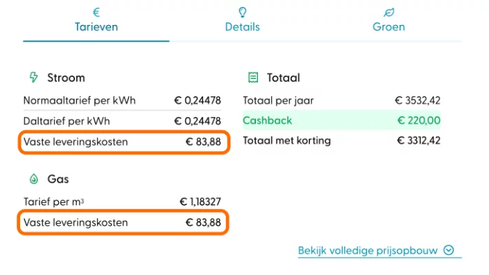 Screenshot van vaste leveringskosten in de vergelijker