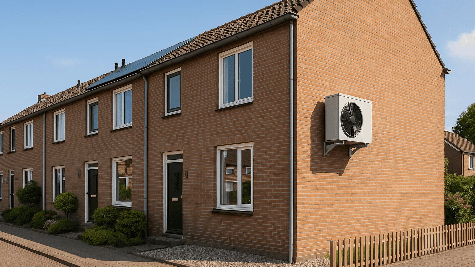 Afbeelding van een warmtepomp aan de buitenmuur