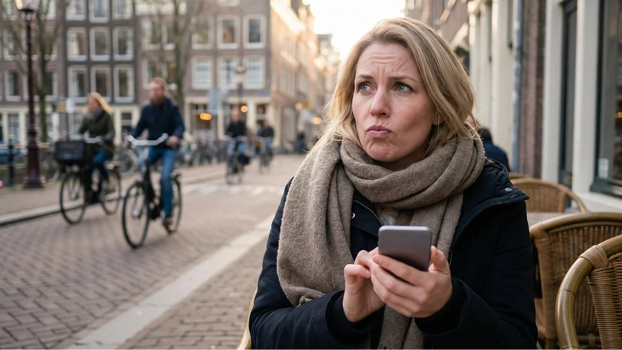 Vrouw kijkt bedenkelijk naar telefoon
