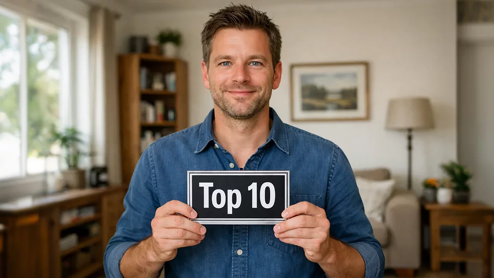 Afbeelding van man met top 10 bordje in zijn handen