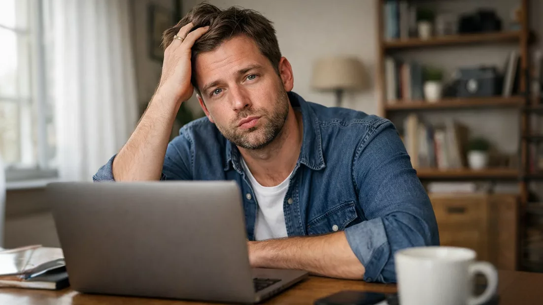 Man zit vertwijfeld achter zijn laptop
