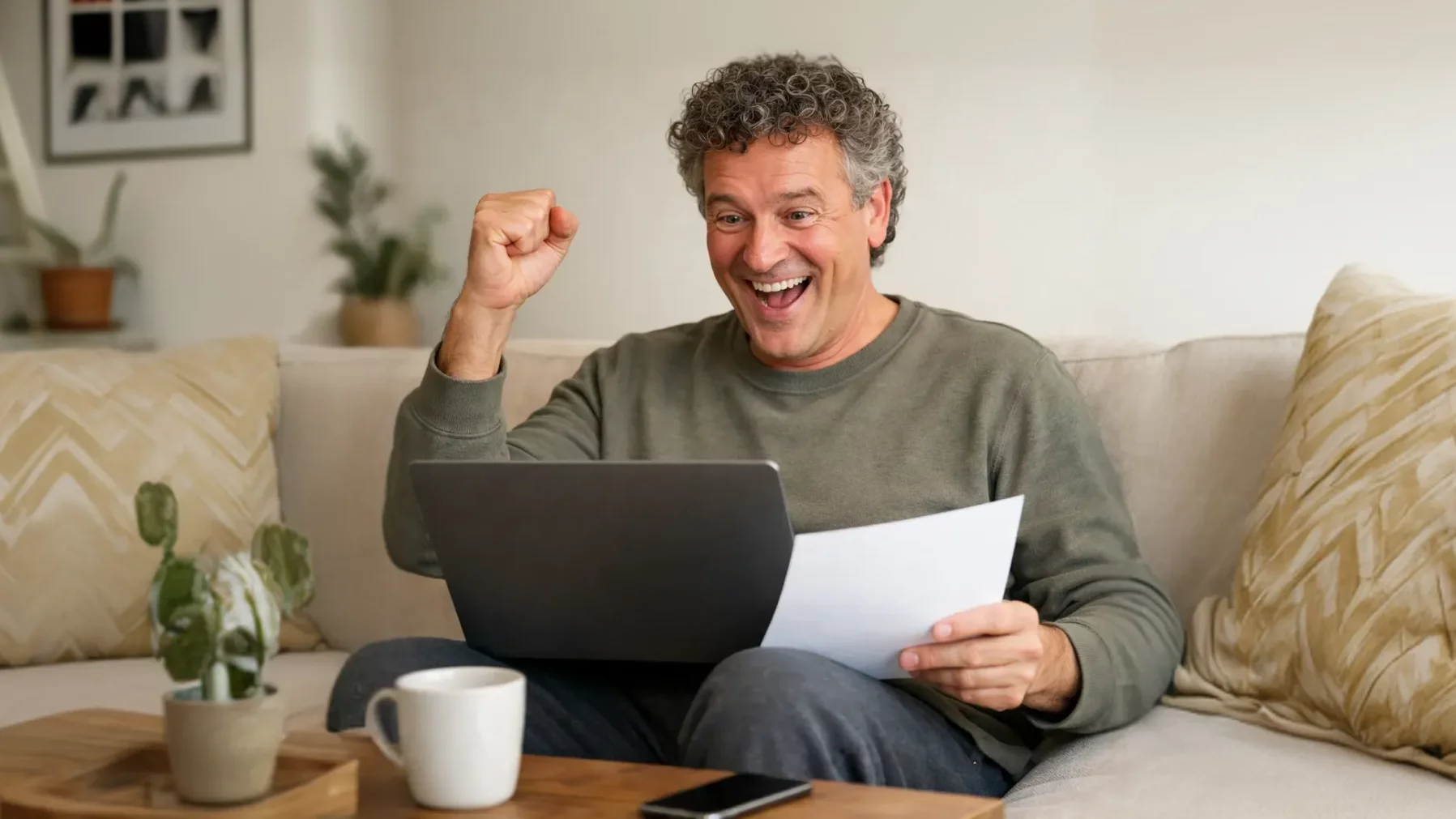 Afbeelding van blije man die een goede energiedeal regelt achter zijn laptop