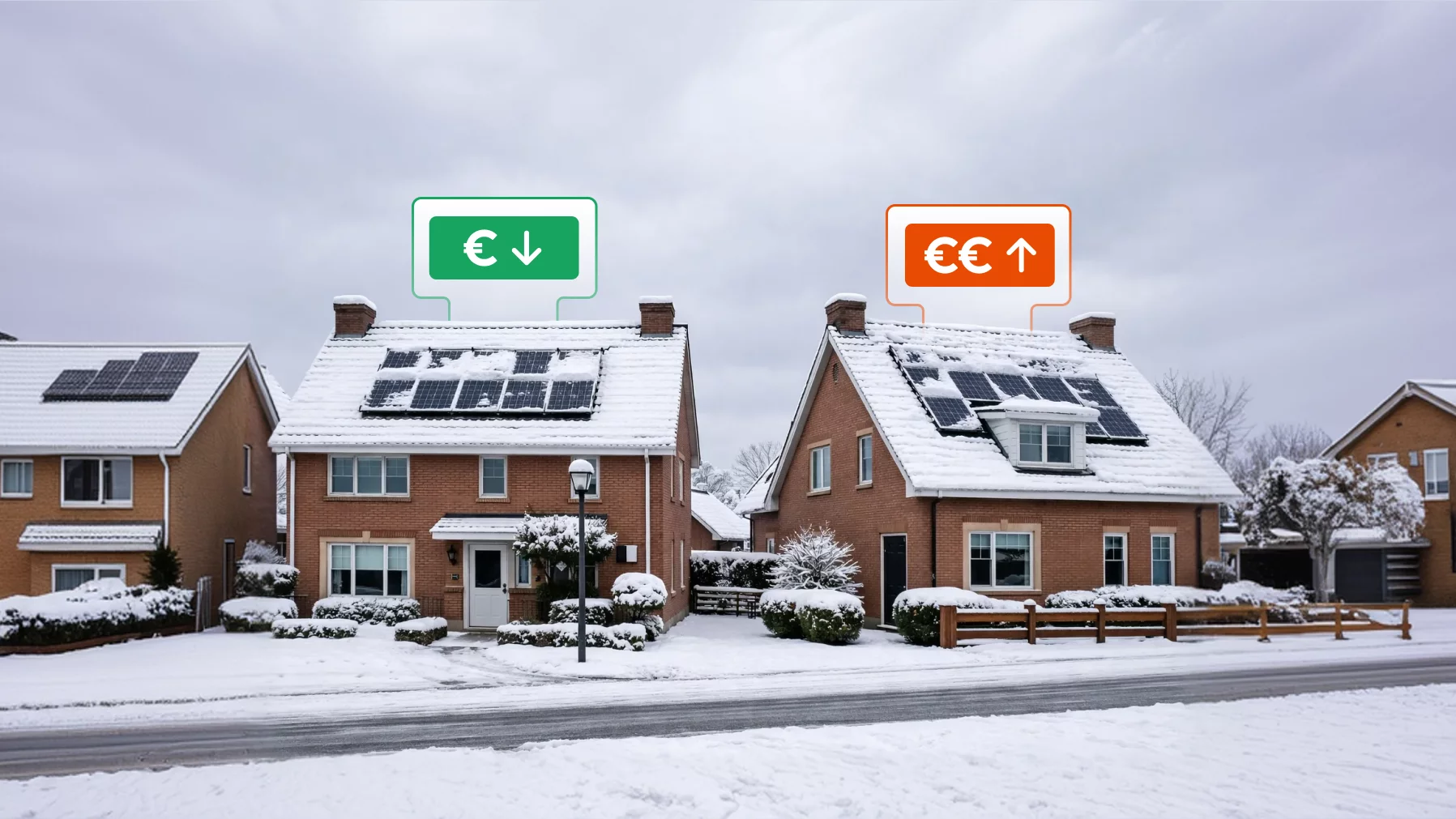 Afbeelding van woningen met zonnepanelen in de sneeuw