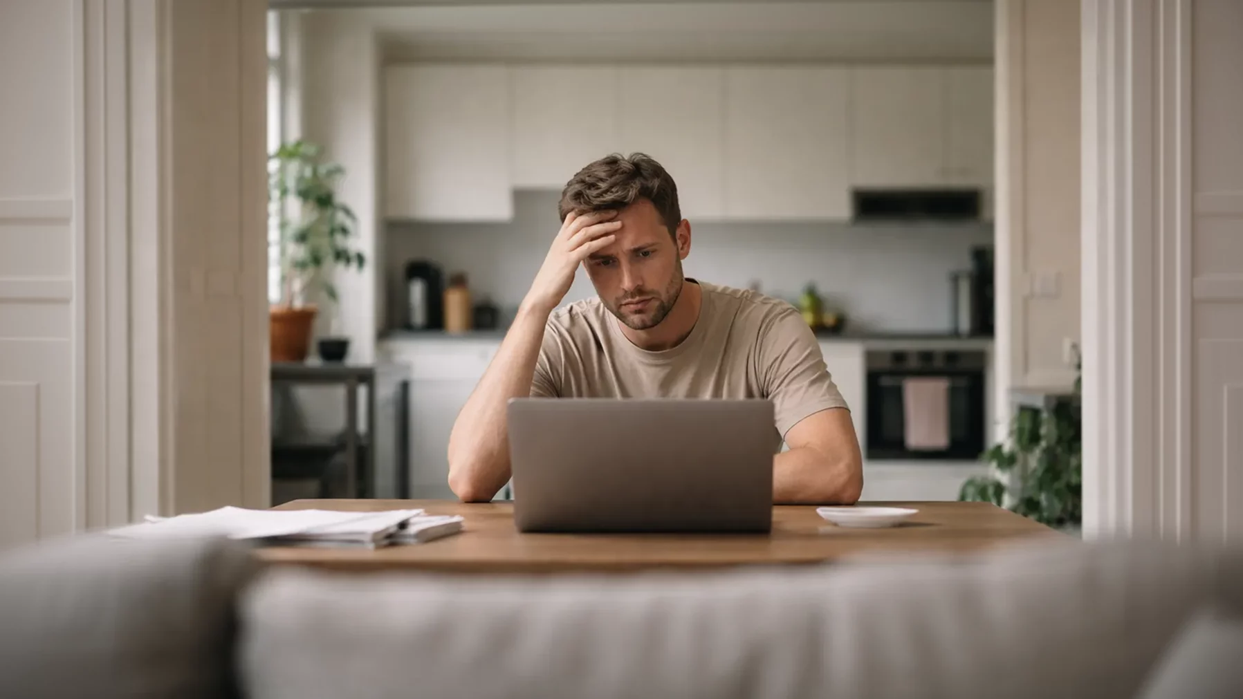 Afvragende man zit op een computer