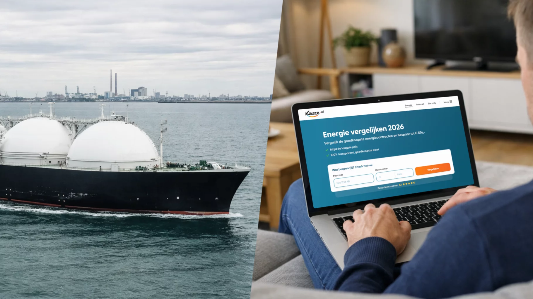 Afbeelding van lng tanken en iemand die energieprijzen vegelijkt