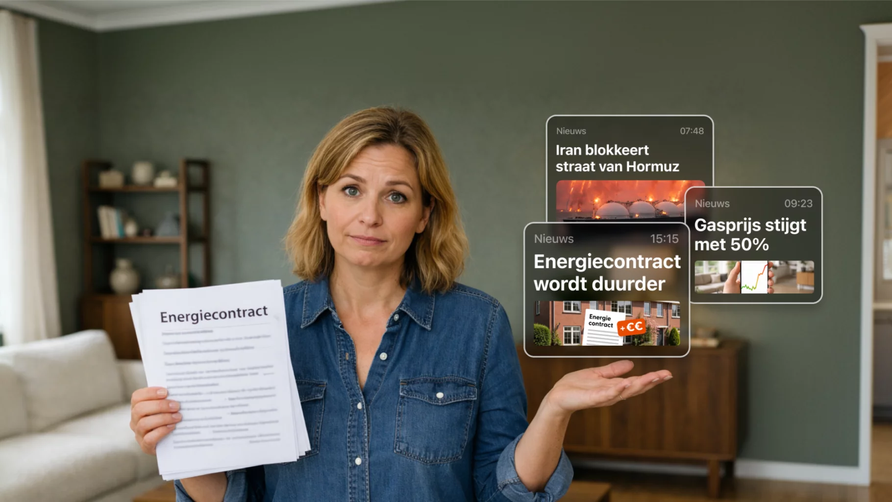 Afbeelding van vrouw met twijfelende blik met energiecontract in haar hand