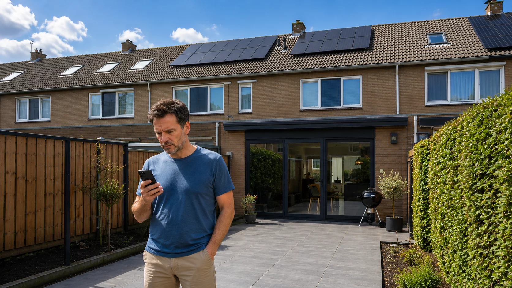 Afbeelding van man die op smartphone naar zonnepanelen opbrengst kijk en in de tuin van zijn huis met zonnepanelen staat
