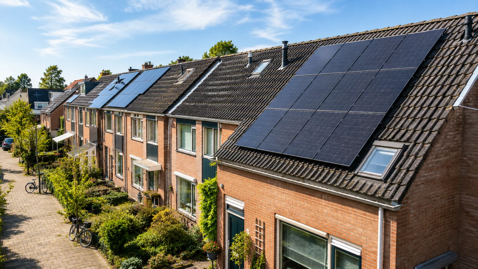 Afbeelding van Nederlandse rijtjeshuizen met zonnepanelen