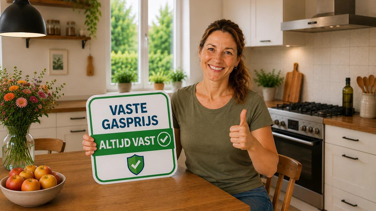 Vrouw houdt vaste gasprijs claim bord vast