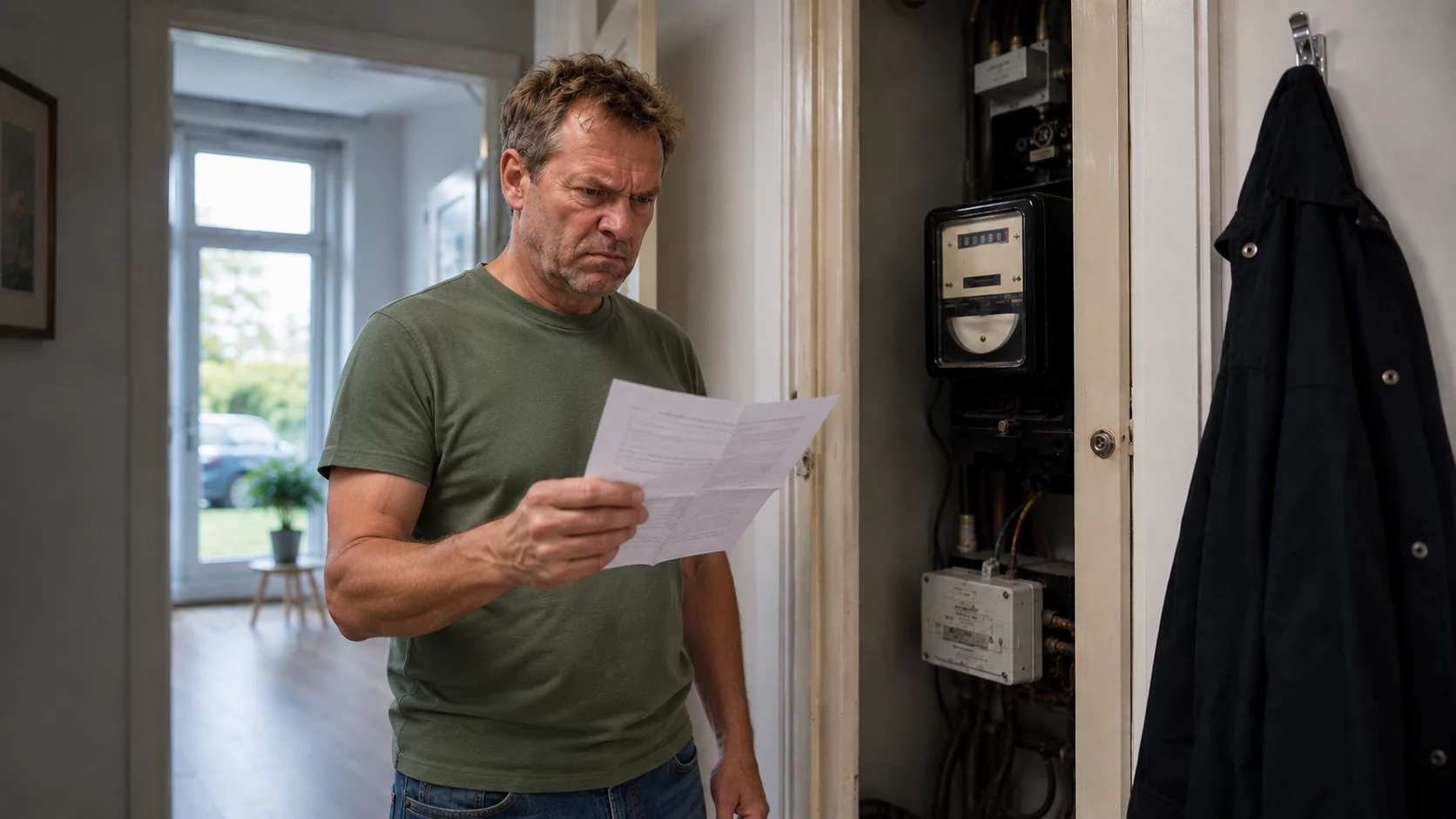 Afbeelding van boze man die analoge meter moet laten vervangen voor slimme meter