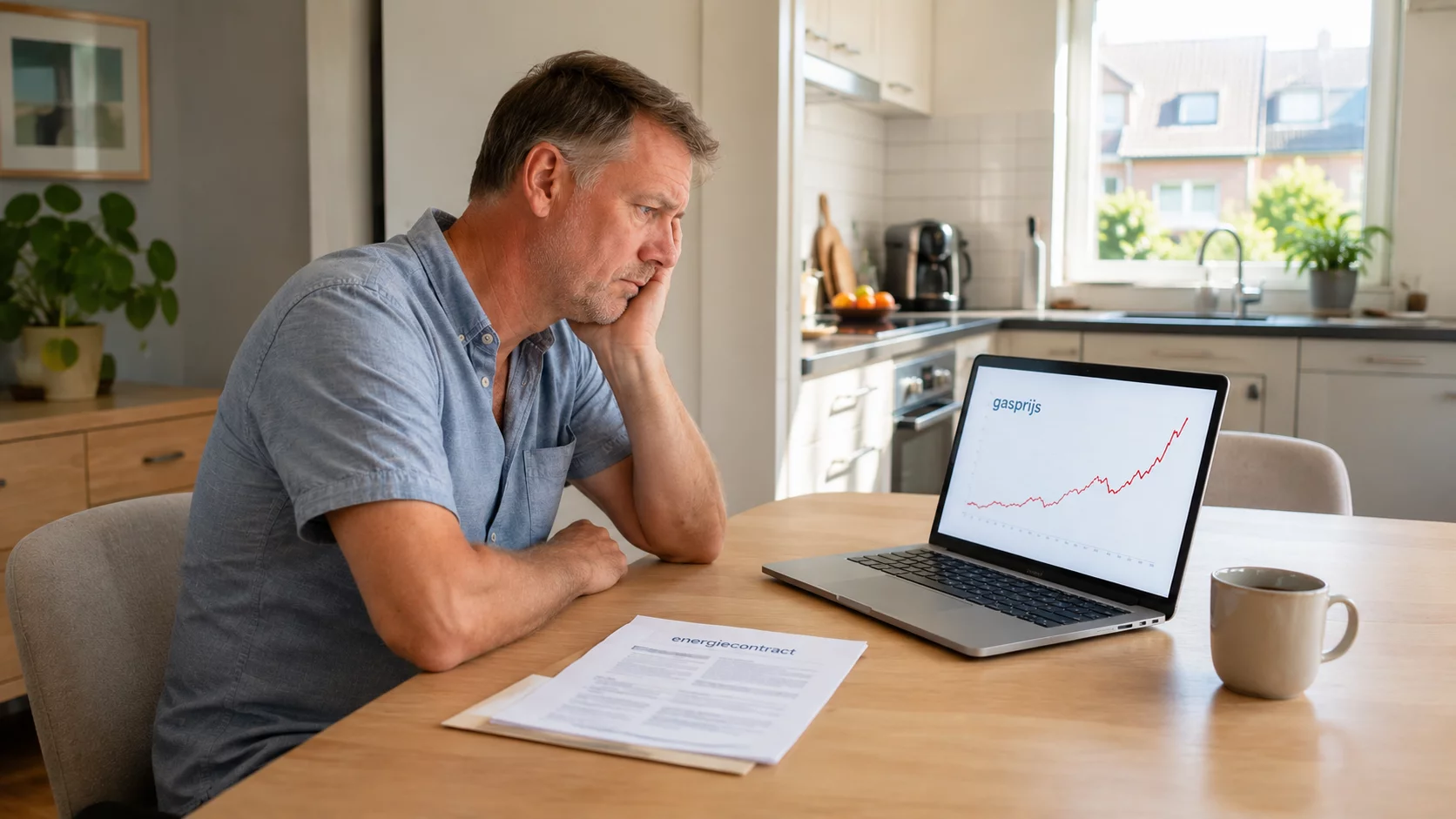 Man kijkt bezorgd naar stijgende gasprijs op z'n laptopscherm