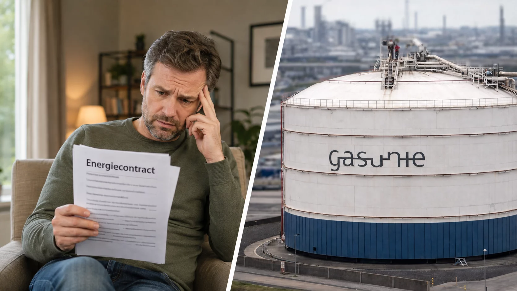 Afbeelding van bezorgde man met energiecontract om lage gasvoorraad