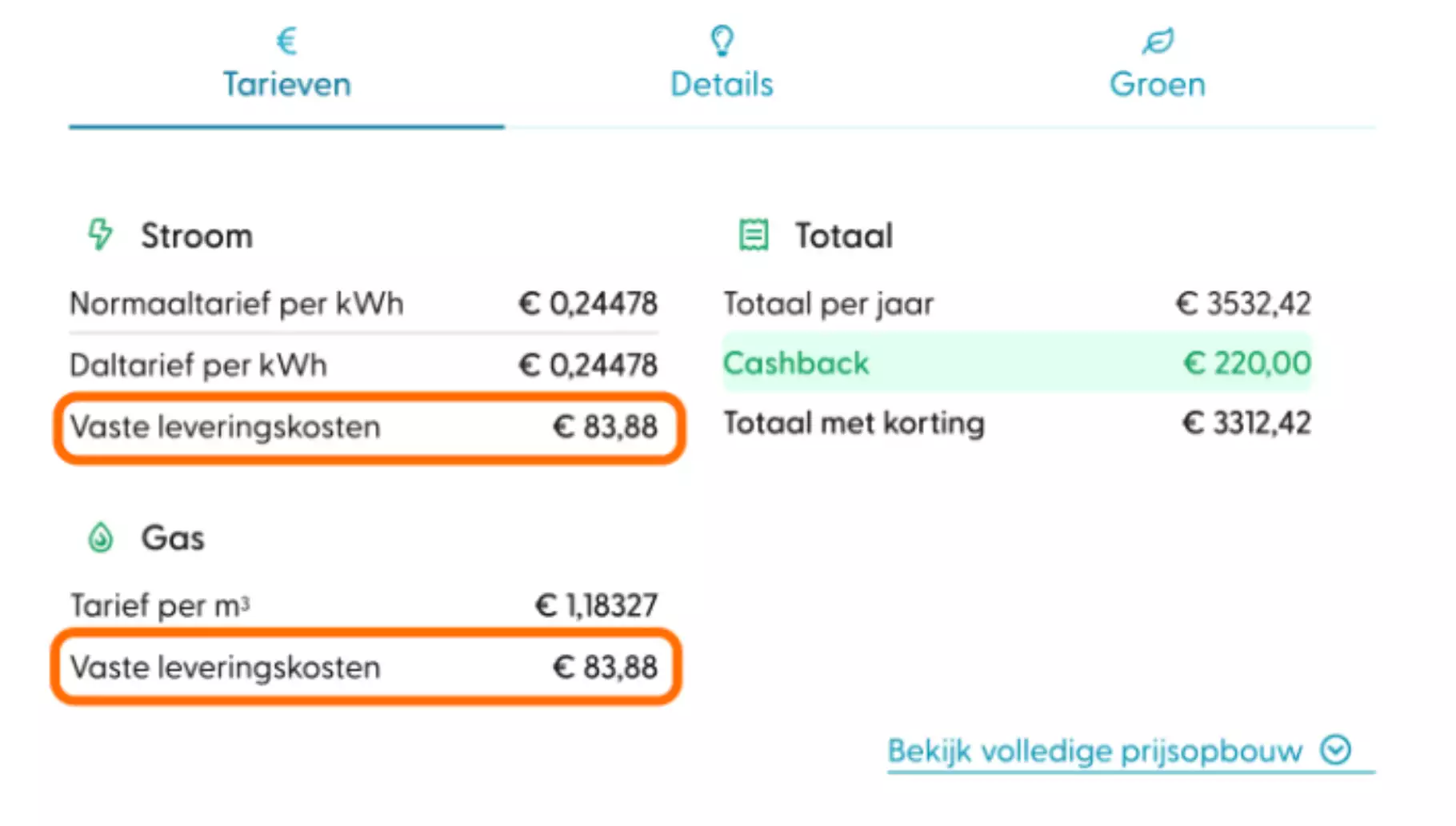 vaste leveringskosten energie Screenshot van vaste leveringskosten in de vergelijker
