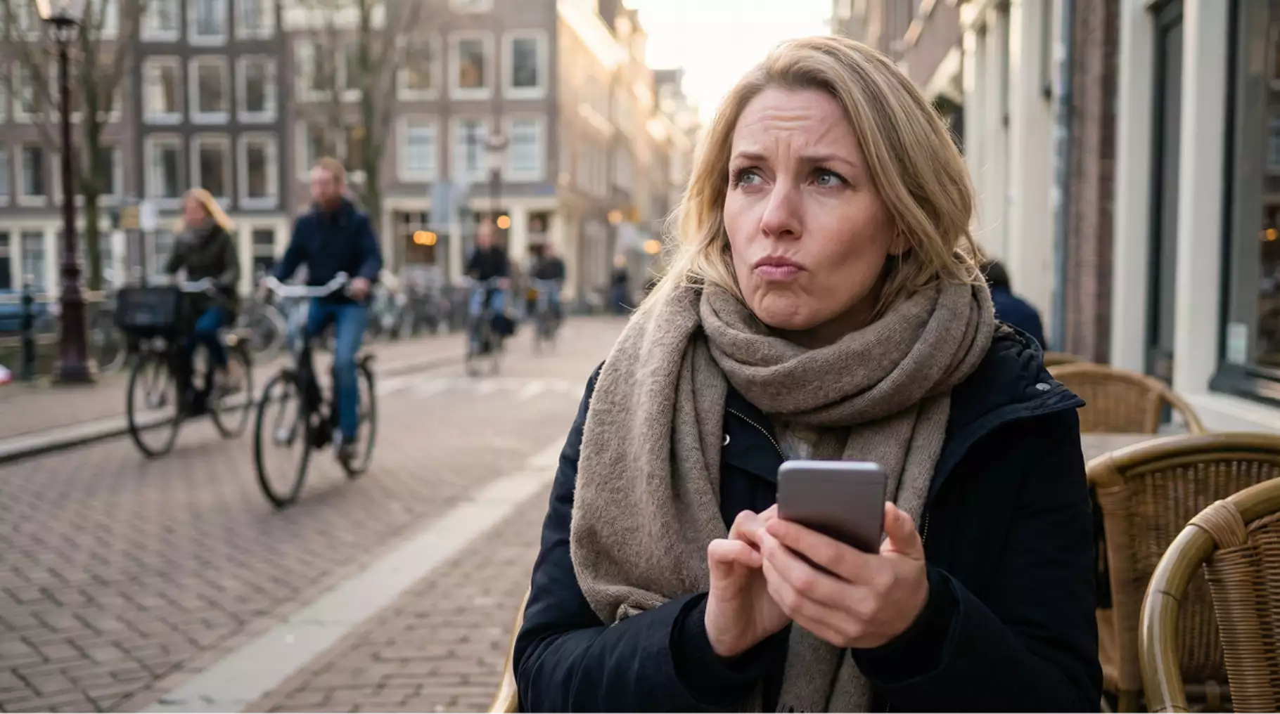 Vrouw kijkt bedenkelijk naar telefoon
