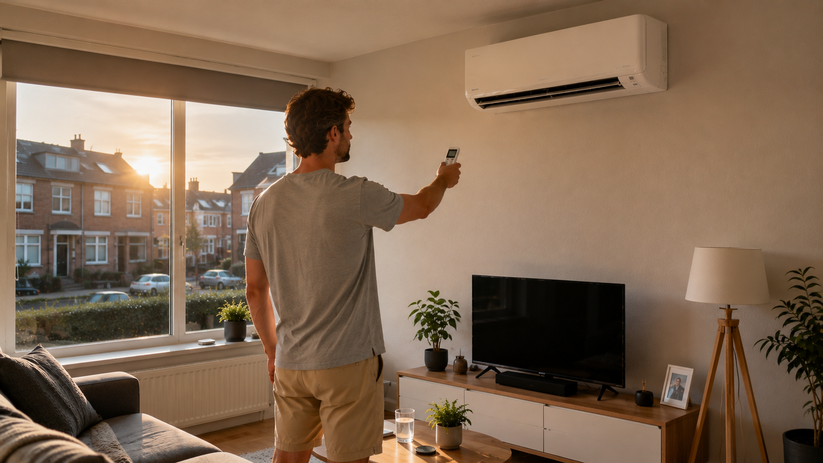 Afbeelding van man die airco aanzet in woonkamer