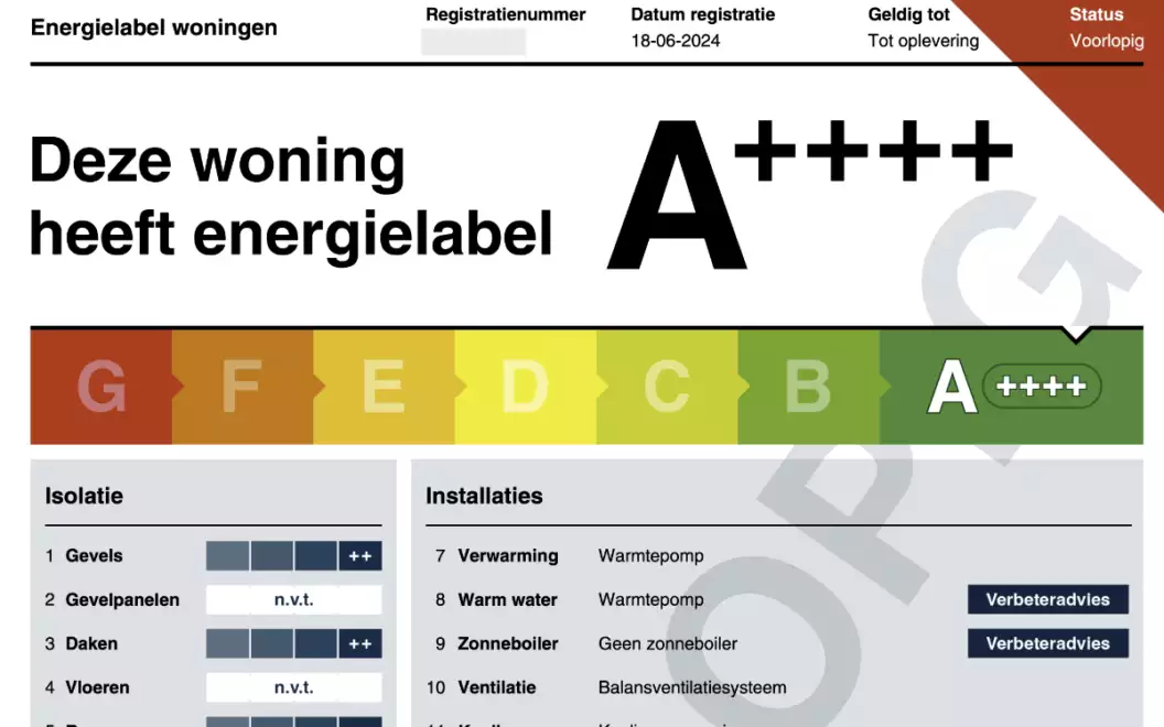 Afbeelding van een voorlopig energielabel