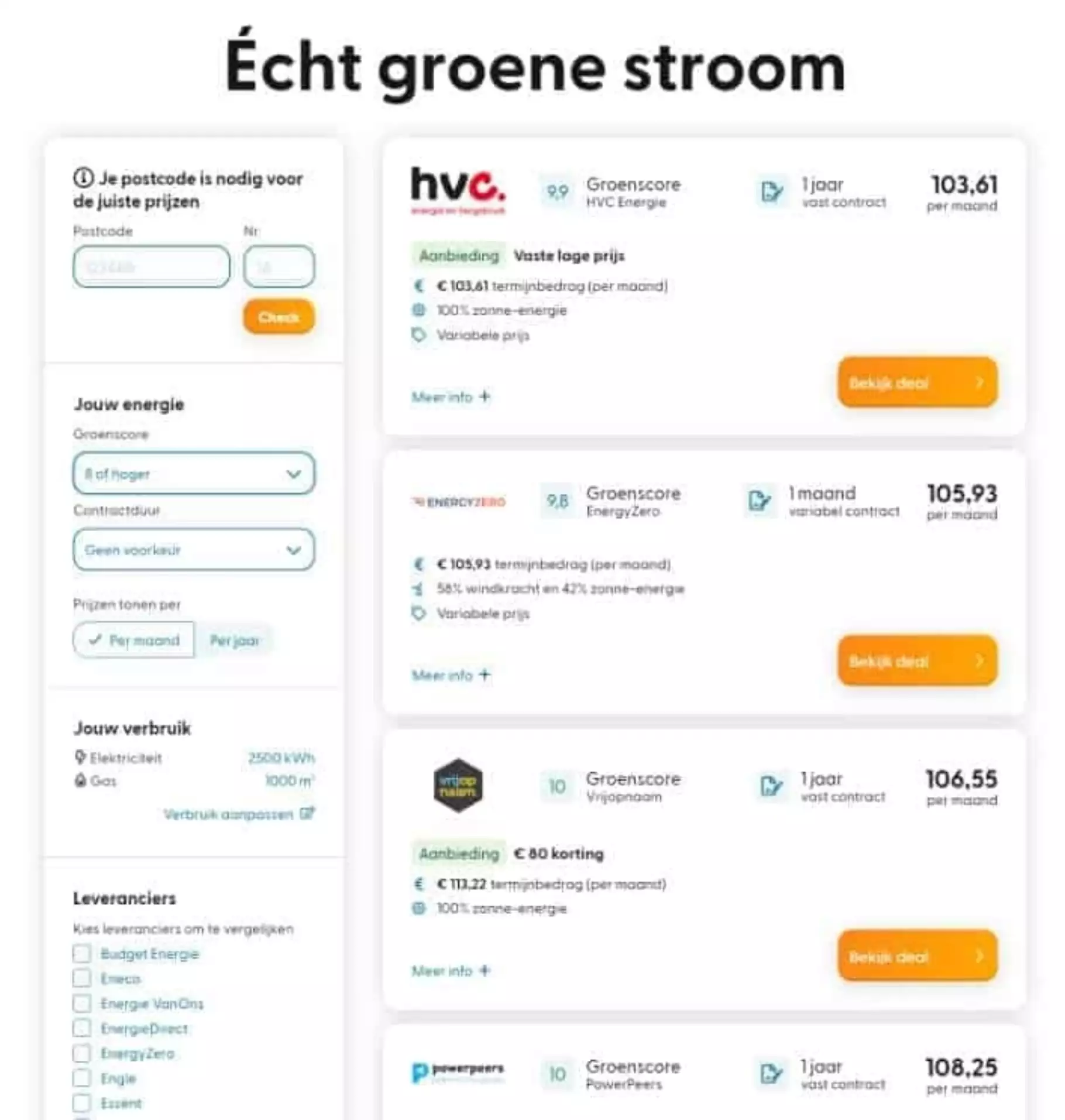 Screenshot van de echt groene stroom vergelijker Echt groene stroom vergelijken