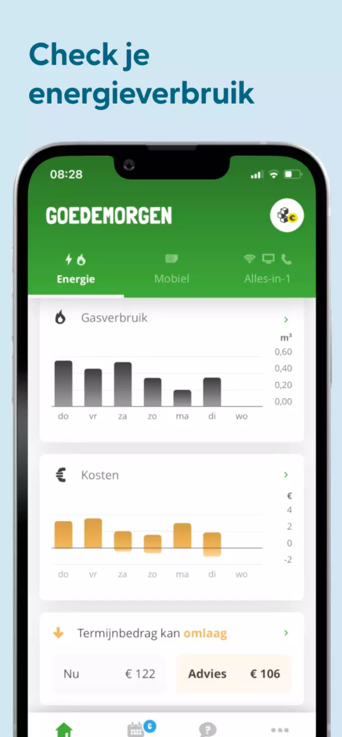 Screenshot Budget Thuis app met verbruik