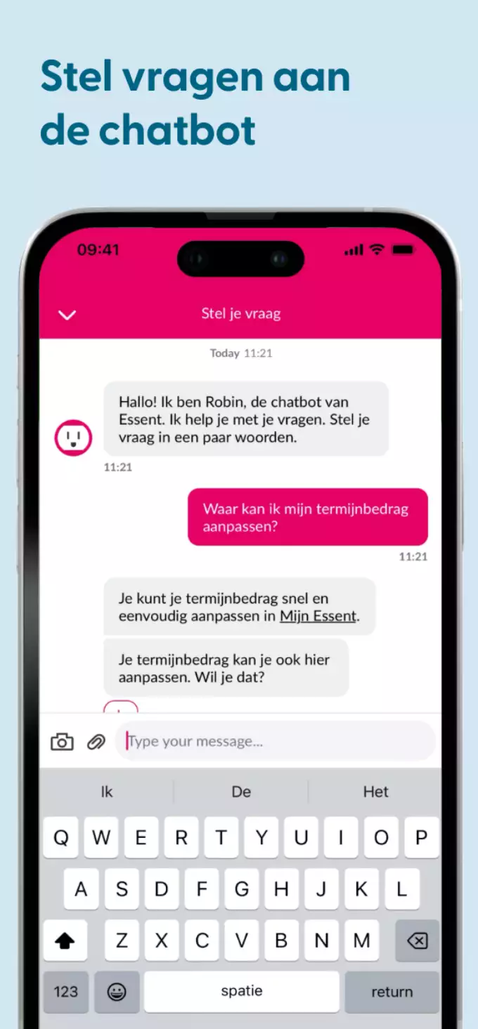 Screenshot Essent app met chatbot
