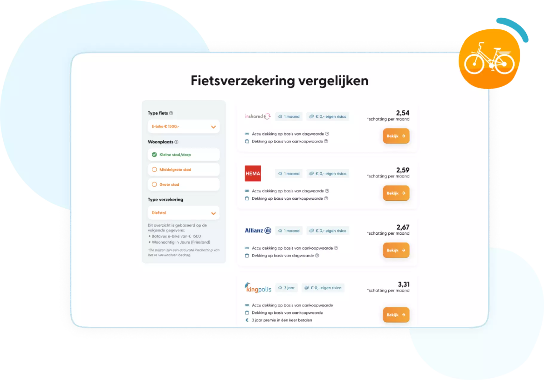 Screenshot van fietsverzekering vergelijker fietsverzekering vergelijken