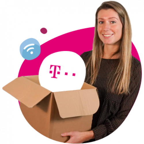 Vrouw met doos en T-Mobile logo