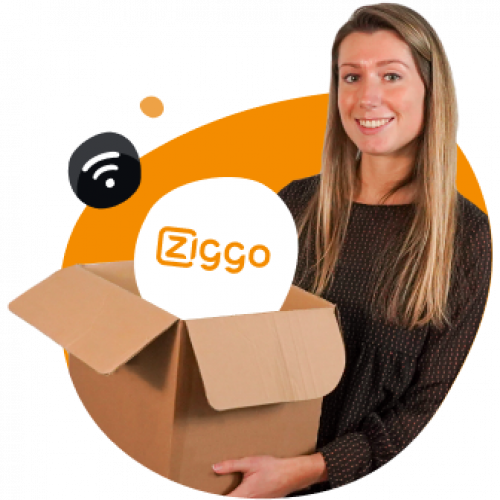 Vrouw met doos en Ziggo logo