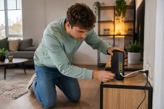 Internet abonnement installeren Afbeelding van man die internet modem installeert in woonkamer