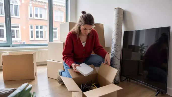 Snelste internet levertijd Afbeelding van vrouw die modem en tv uitpakt