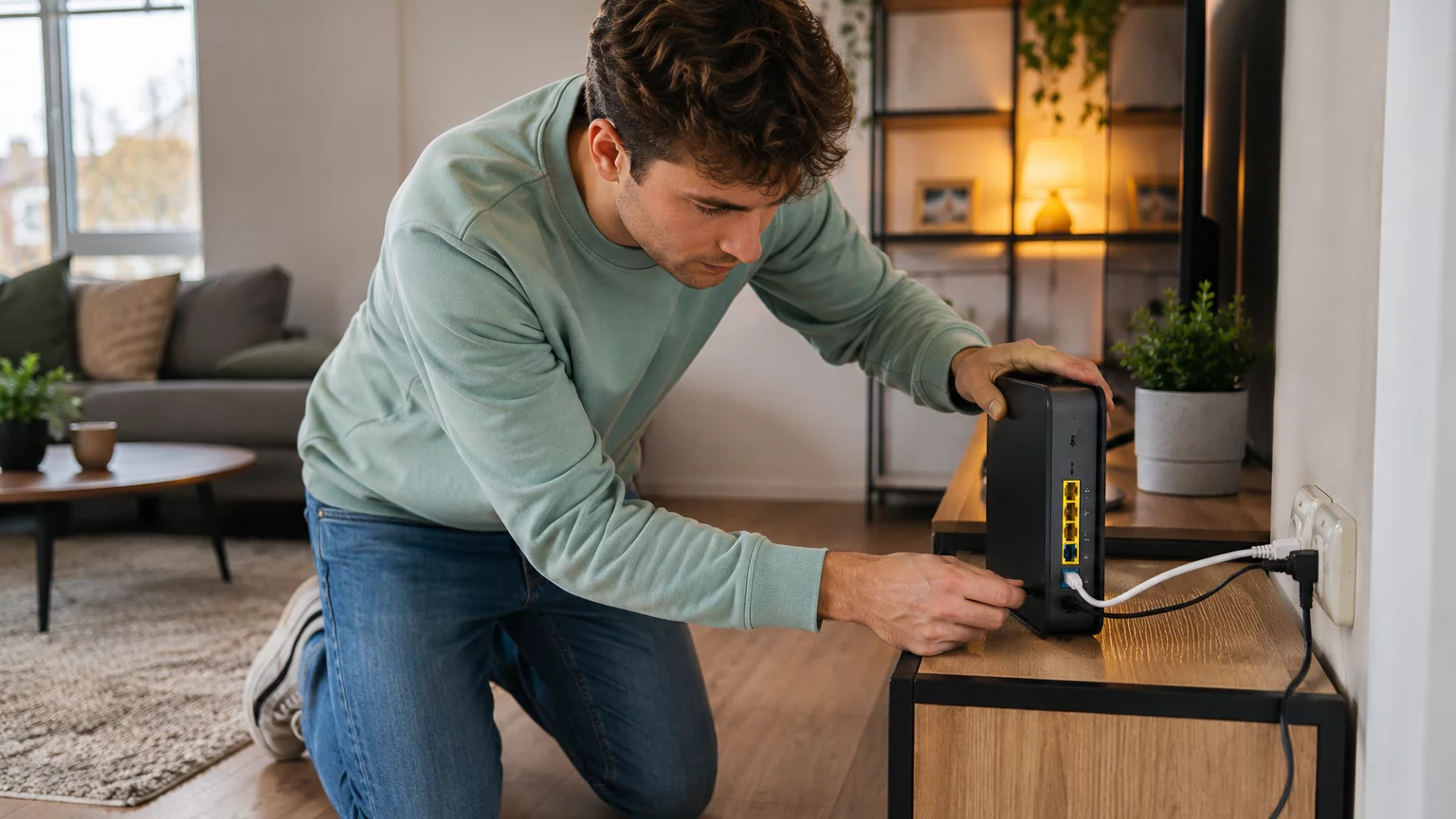 Afbeelding van man die internet modem installeert in woonkamer