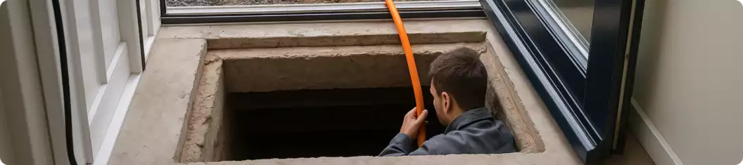 Man in kruipruimte met kabel Man in kruipruimte met kabel