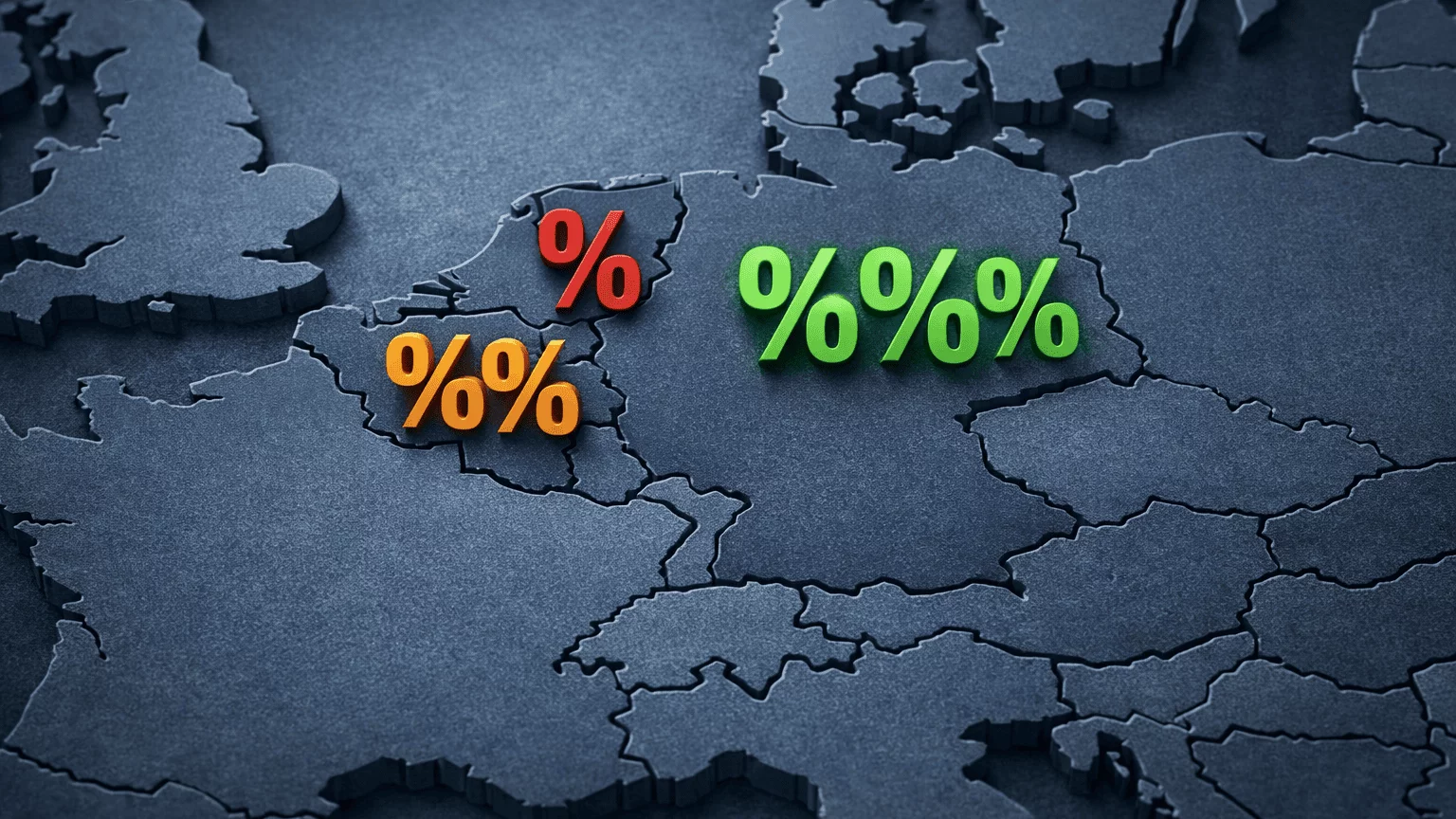 Kaart van Europa met ilustratie van rentepercentages