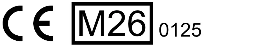 Een voorbeeld typeplaatje met CE-markering, MID-logo (M26 in een rechthoek) en nummer van de keuringsinstantie